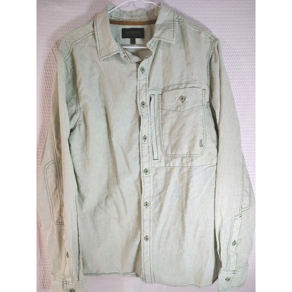Brothers/Sons Mens M Green Solid Long Sleeve Button-Up Shirt Pockets